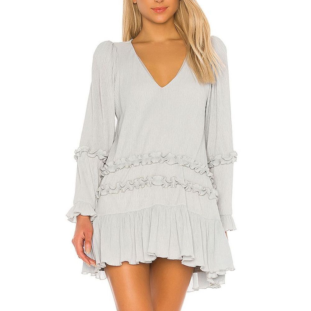 New Tularosa Evelyn Baby Blue Long Sleeve V Neck Ruffle Pleat Mini Dress Medium
